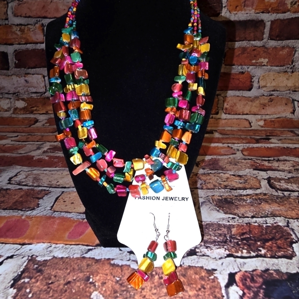 Multicolored Beaded Multistrand Necklace and Matching Earings